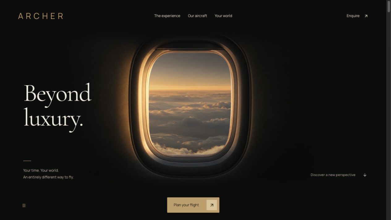 ARCHER website with a champagne-gold airplane window above the clouds